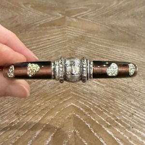 Brighton Brown Lucite Crystal Heart Hinged Bangle Bracelet Silver Plated